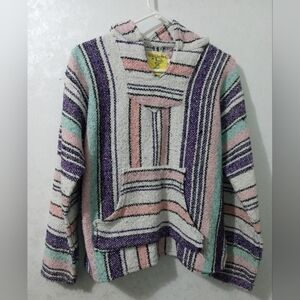 Iguana Jack Mexican Baja Hoodie Kids Striped Poncho Pullover Pink Purple Teal